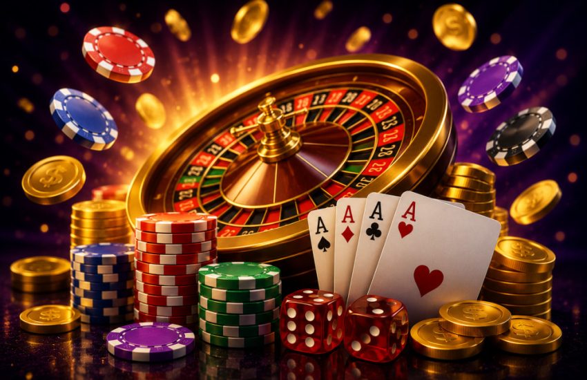 A collection of playing cards, poker chips, and a roulette wheel, symbolizing gambling.